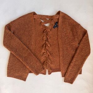 derek heart knit brown & mustard cottagecore lace up open short cardigan • m